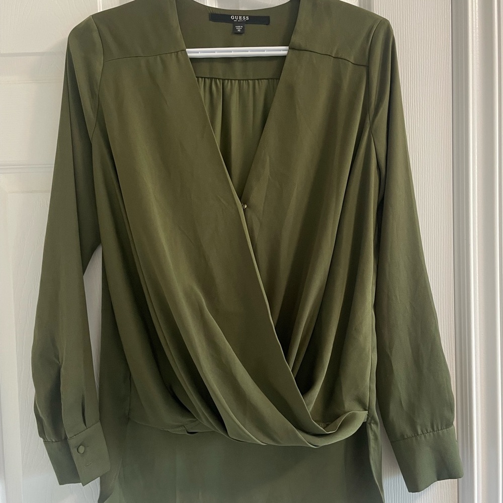 Guess Green Wrap Blouse with Notched Collar and 3/4 Sleeves